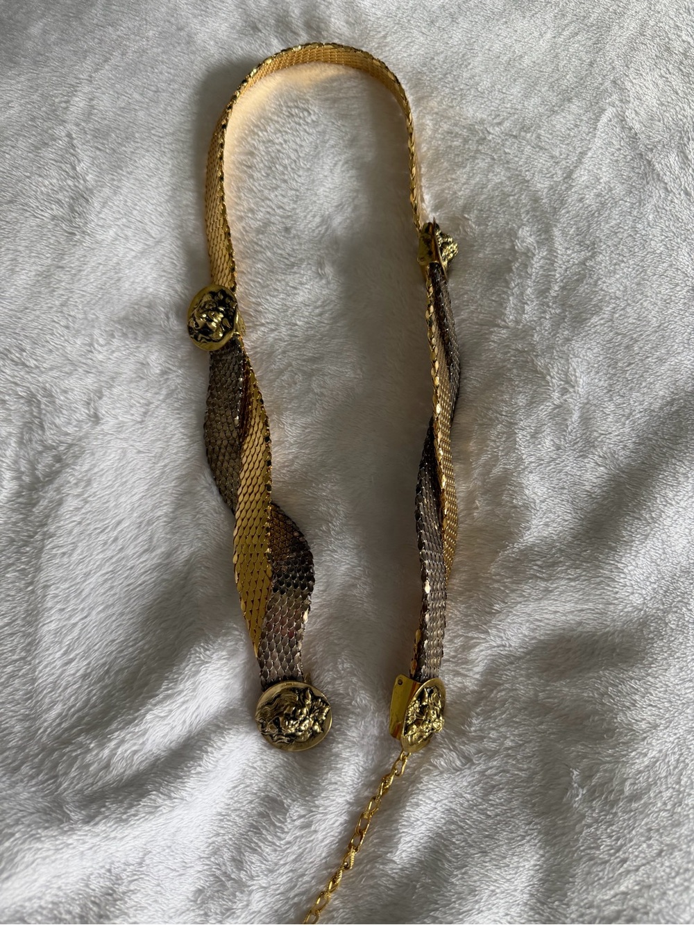 Vintage Gold and Bronze Woven Metal Belt with Decorative Medallions